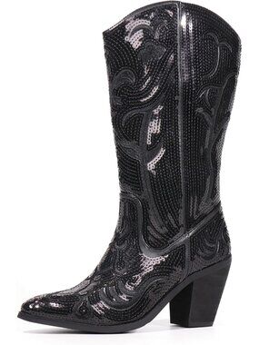 Women's Sequin Mid Calf Western Wide Calf High Pointed Toe Cowgirl Boots Black